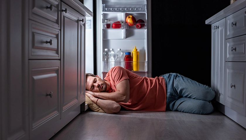 Hombre durmiendo al lado de una nevera. en farline, te damos trucos para dormir como un bebé en verano